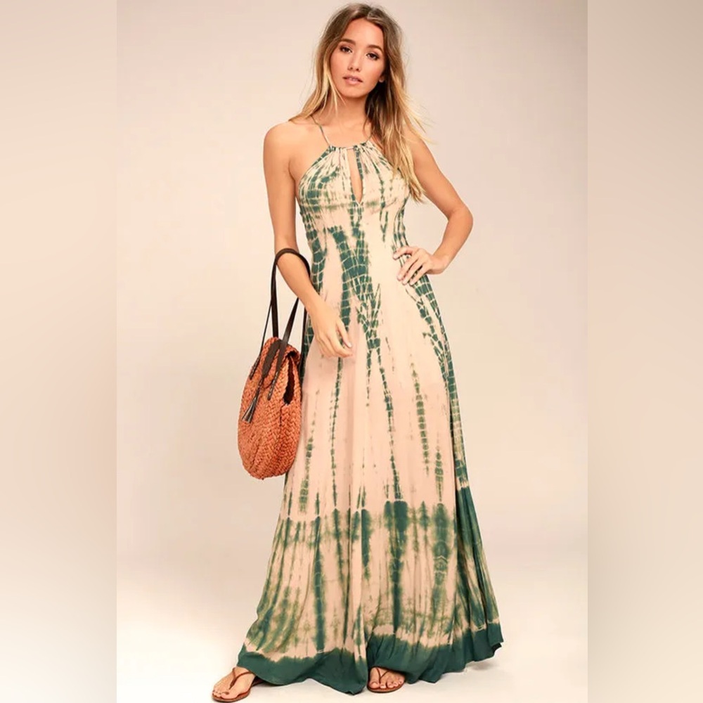 Lulu's Backless Tie-Dye Dress in Cream and Green